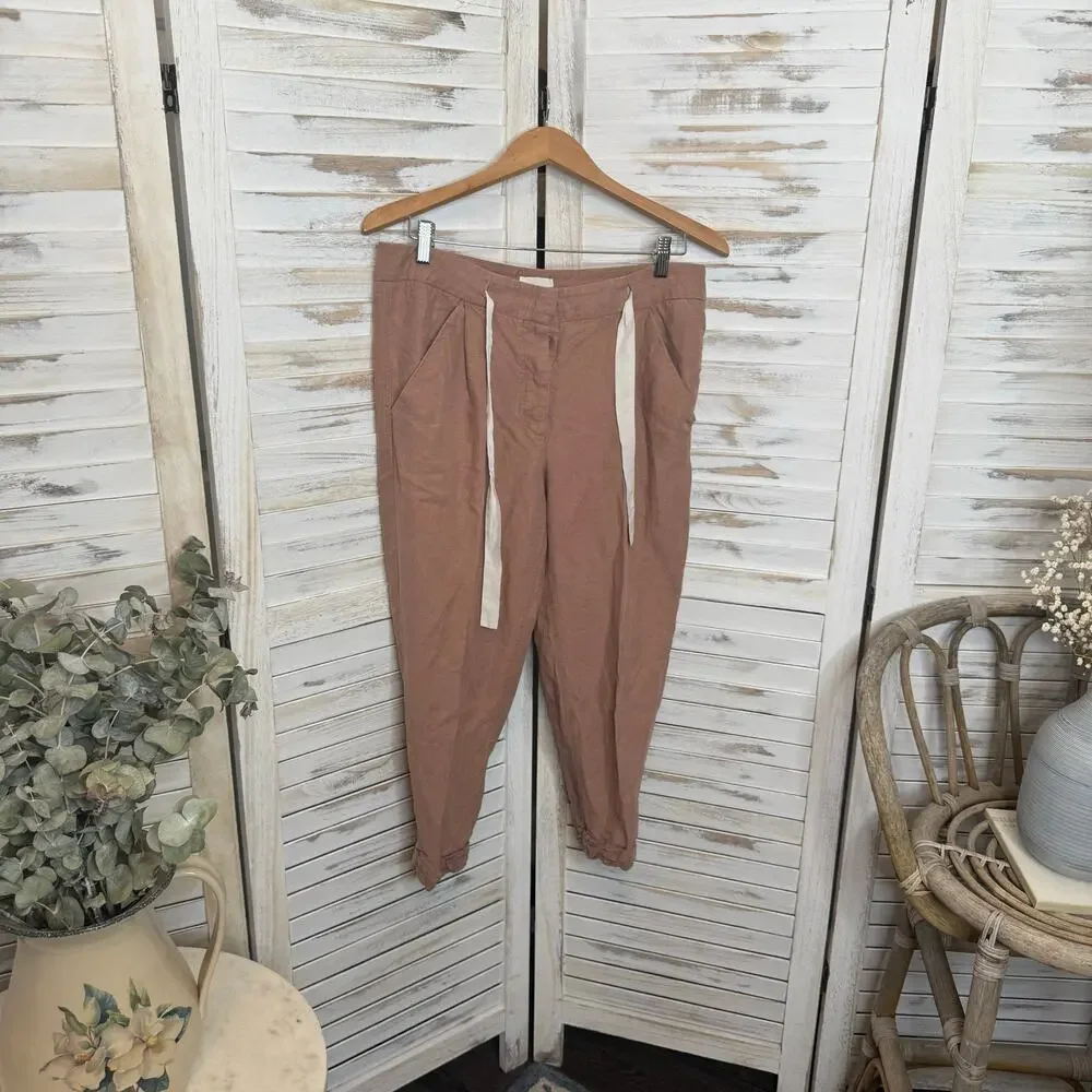 WILFRED ARITZIA Women's 8 Allant Linen Pants Cropped Waist Tie Moroccan Spice